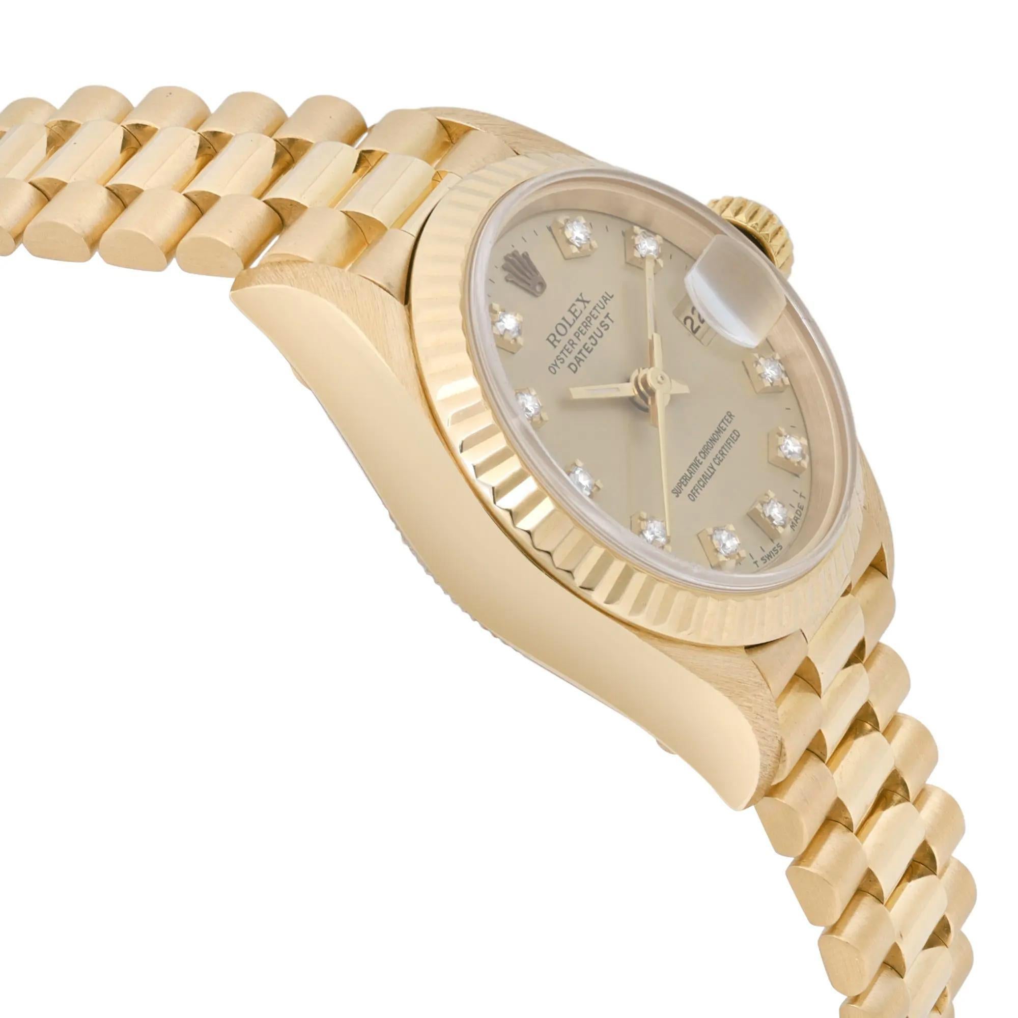 Women's Rolex President 18K Yellow Gold Champagne Diamond Dial Watch 69178G Excellent For Sale