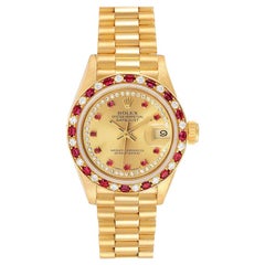 Rolex President 18k Yellow Gold Diamond Ruby Ladies Watch 69188 Box Papers
