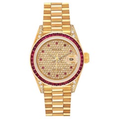 Rolex President 18k Yellow Gold Diamond Ruby Ladies Watch 69198