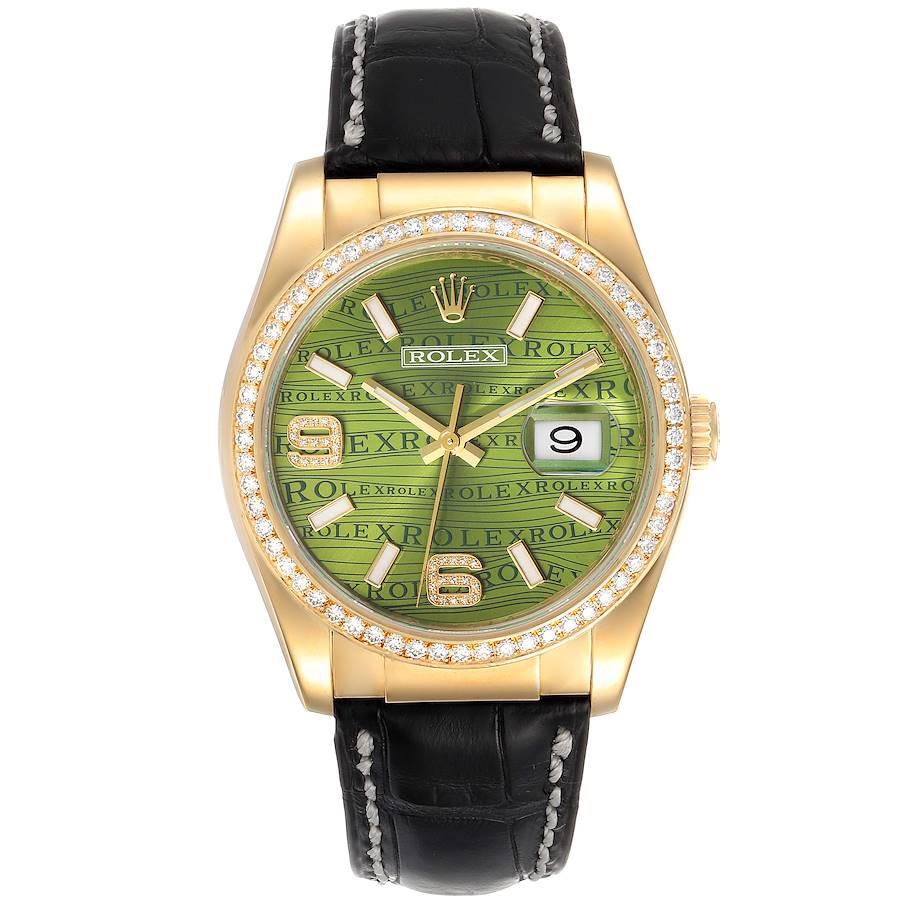 Rolex President 18k Yellow Gold Green Wave Dial Diamond Mens Watch 116188. Officially certified chronometer self-winding movement. 18k yellow gold oyster case 36.0 mm in diameter.  Rolex logo on the crown. Original Rolex factory diamond bezel.