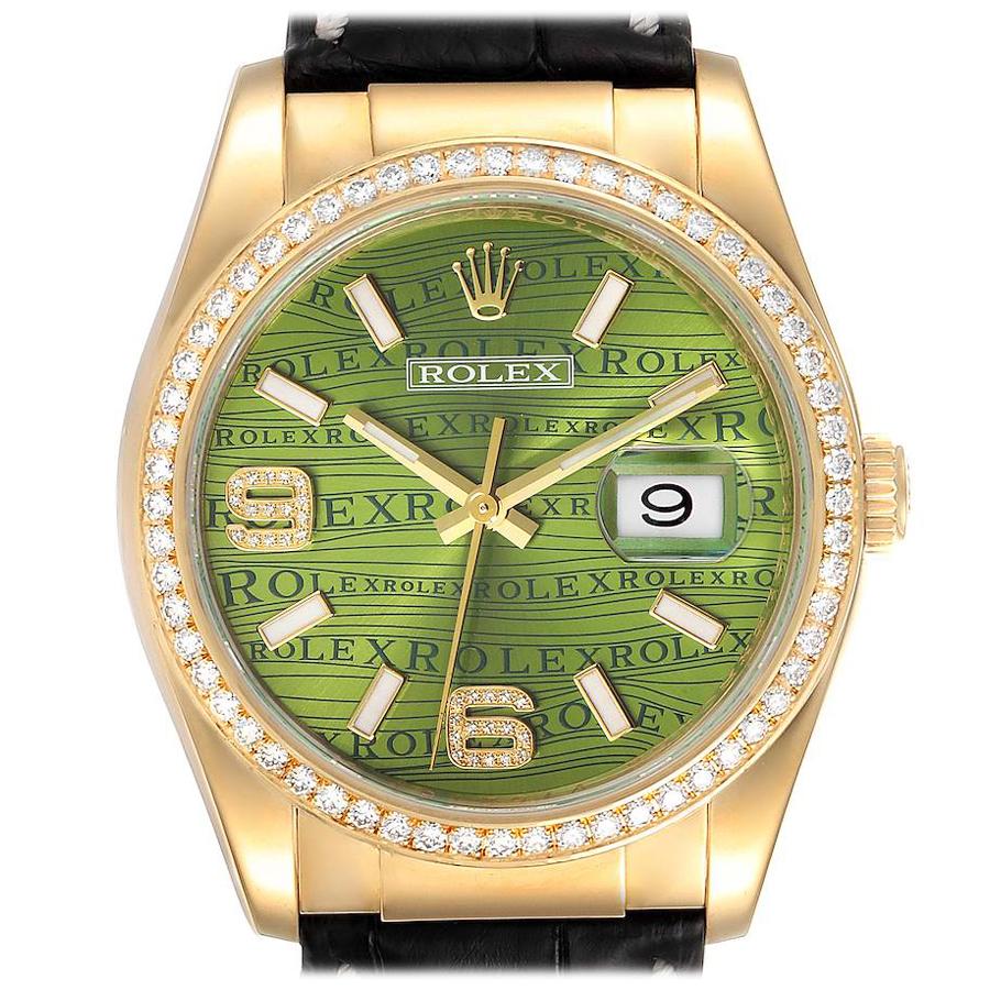 Rolex President 18k Yellow Gold Green Wave Dial Diamond Men's Watch 116188 For Sale