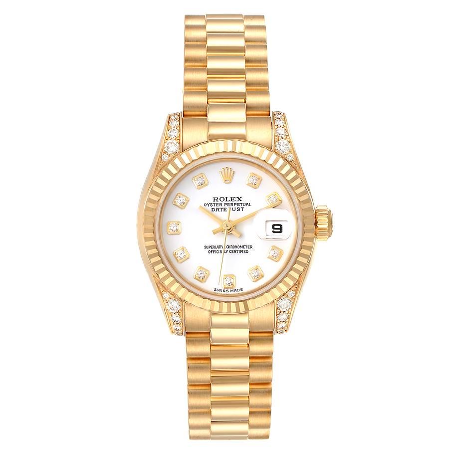 Rolex President 18K Yellow Gold White Diamond Dial Watch 179238 Box Papers. Officially certified chronometer self-winding movement. 18k yellow gold oyster case 26.0 mm in diameter. Rolex logo on a crown. Original Rolex factory diamond lugs. 18k