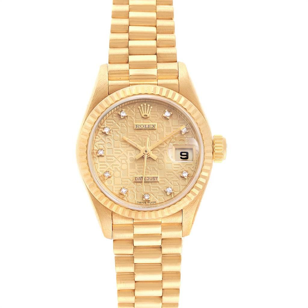 Rolex President 26 Yellow Gold Diamond Ladies Watch 69178 Box Papers. Officially certified chronometer self-winding movement. 18k yellow gold oyster case 26.0 mm in diameter. Rolex logo on a crown. 18k yellow gold fluted bezel. Scratch resistant