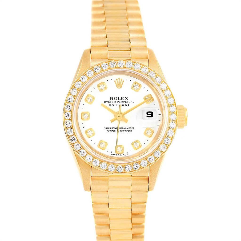 Rolex President 26 Yellow Gold Diamond Ladies Watch 79178 Box Papers. Officially certified chronometer self-winding movement with quickset date function. 18k yellow gold oyster case 26 mm in diameter. Rolex logo on a crown. 18k yellow gold original