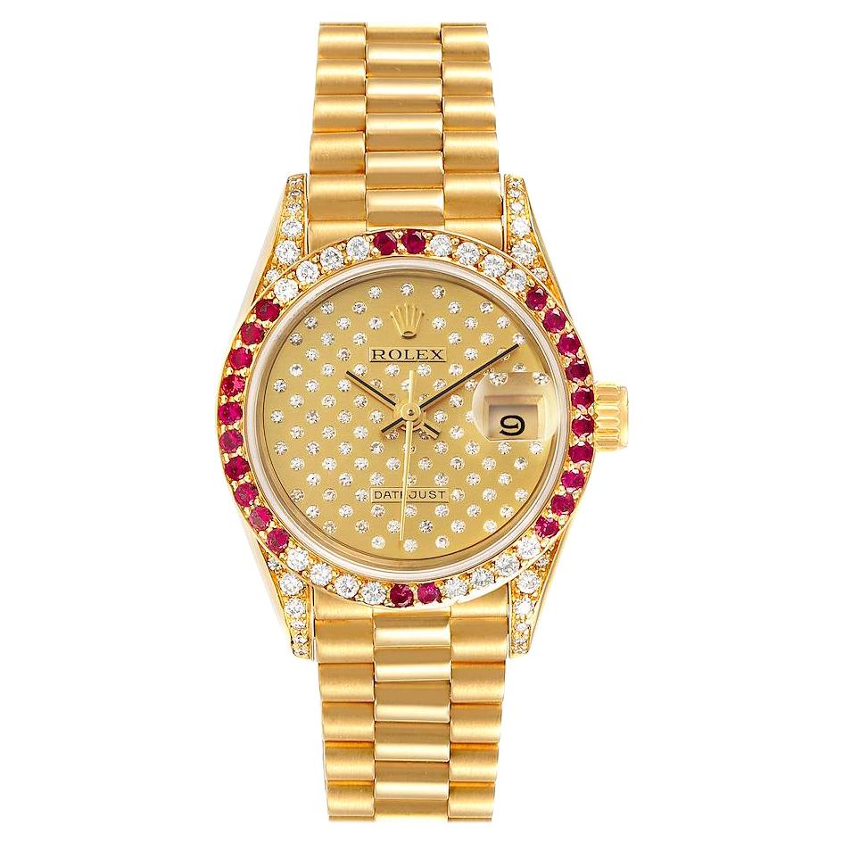 Rolex President 26 Yellow Gold Pave Diamond Ruby Ladies Watch 69038 For Sale