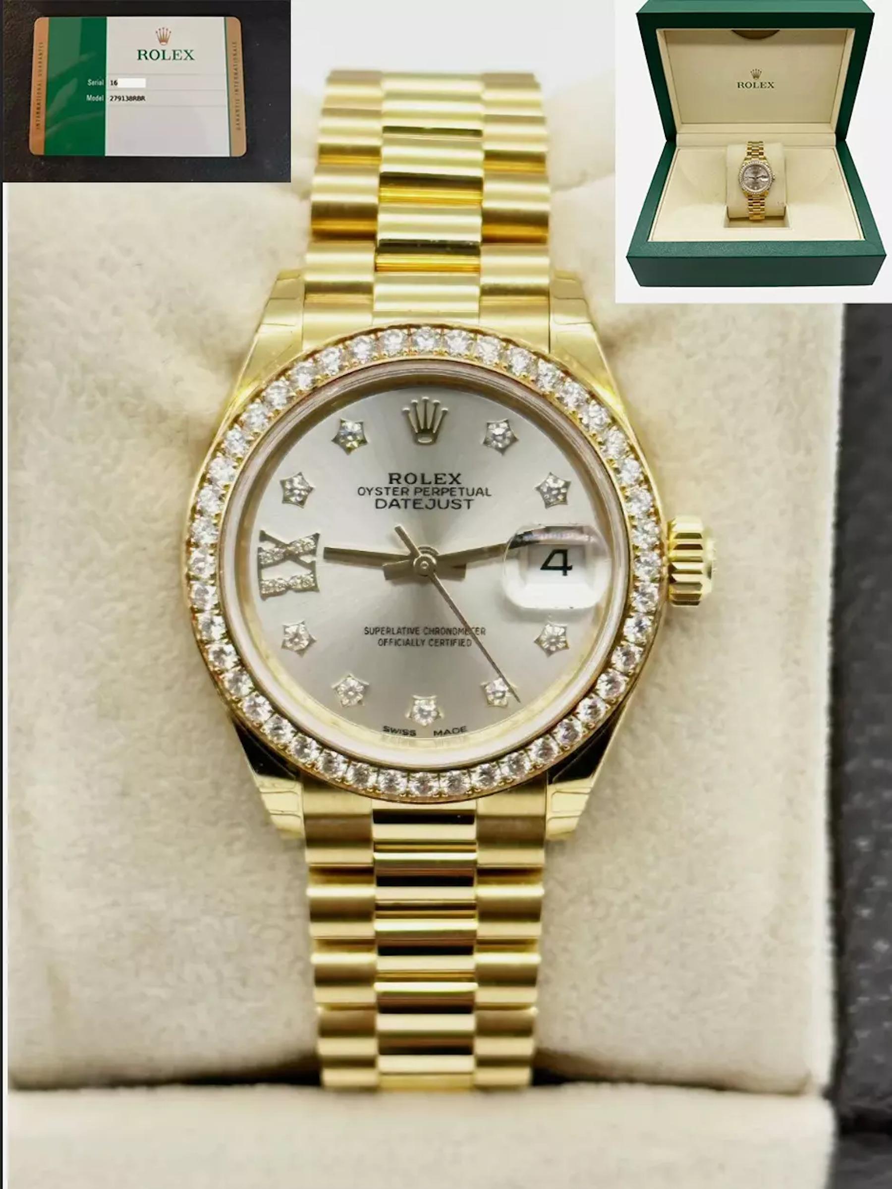 Style Number: 279138RBR

Serial: 1666E***


Year: 2018

Model: Rolex Ladies President 28mm 

Case Material: 18K Yellow Gold 

Band: 18K Yellow Gold 

Bezel: Original Factory Diamond Bezel 

Dial: Original Factory Star Shaped Diamond Dial 

Face: