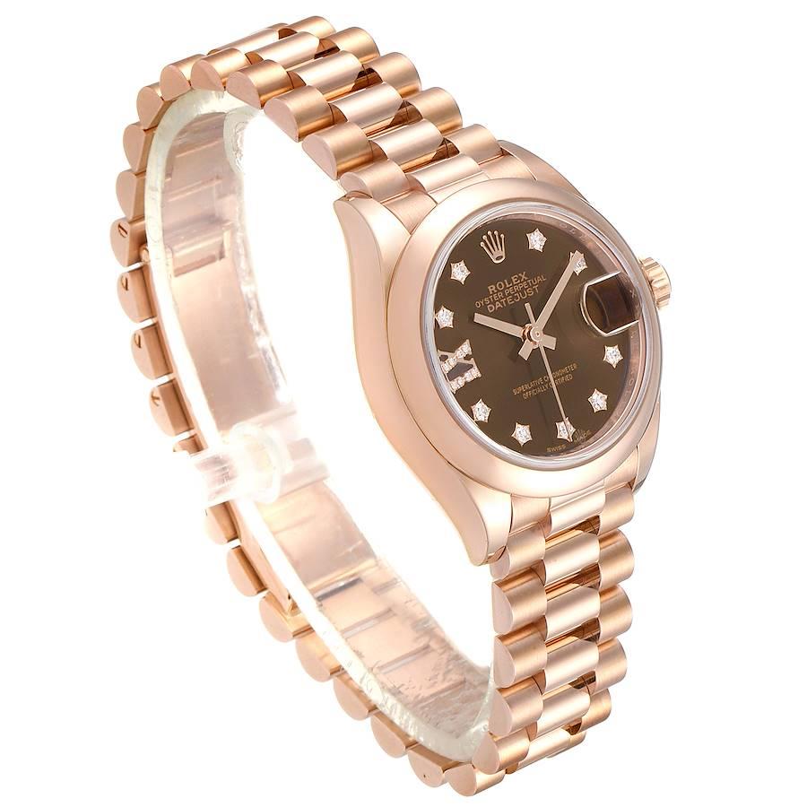 Rolex President 28 Rose Gold Chocolate Dial Ladies Watch 279165 Box Card In Excellent Condition In Atlanta, GA