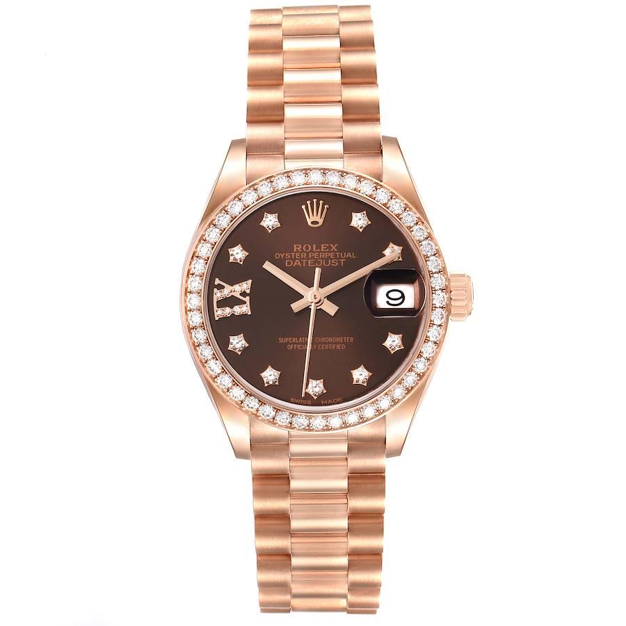 Rolex President 28 Rose Gold Chocolate Diamond Dial Ladies Watch 279135 Unworn. Officially certified chronometer self-winding movement. 18k rose gold oyster case 28.0 mm in diameter. Rolex logo on a crown. 18k rose gold original Rolex factory