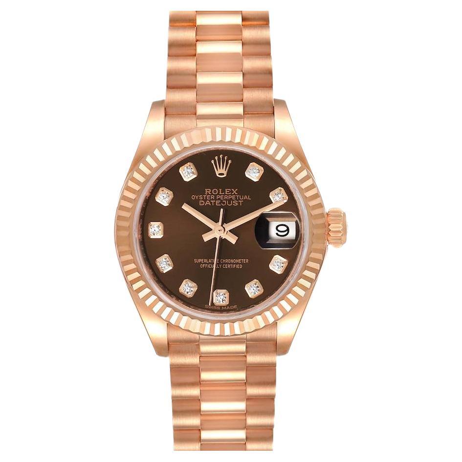 Rolex President 28 Rose Gold Chocolate Diamond Dial Ladies Watch 279175 For Sale