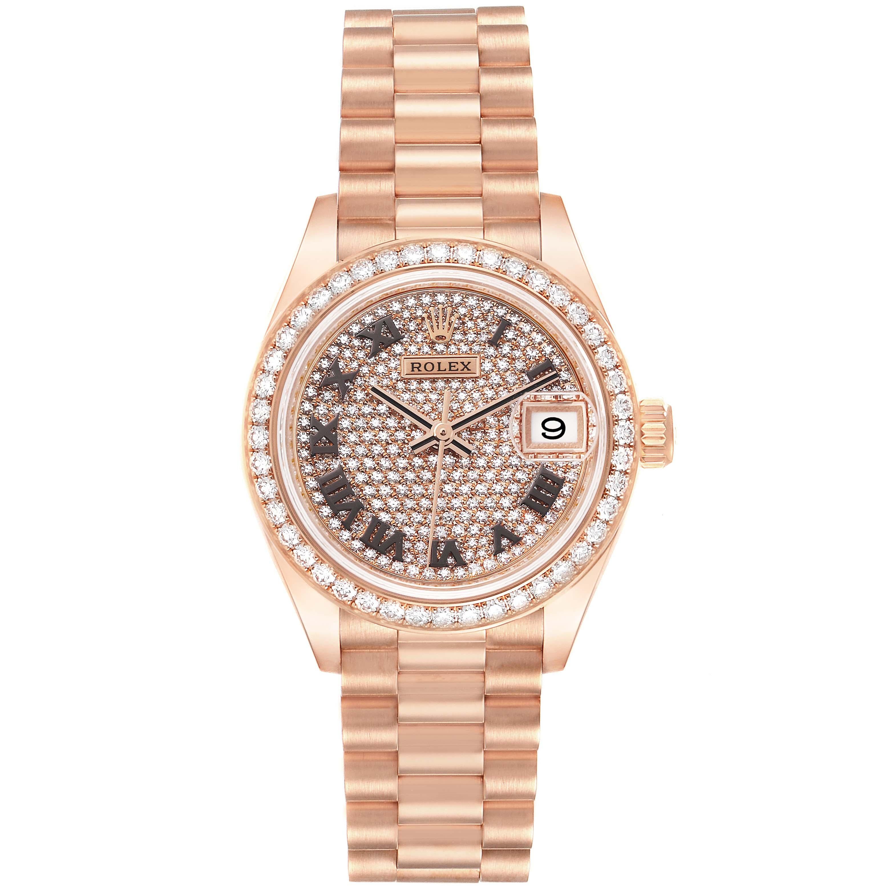 Rolex President 28 Rose Gold Pave Diamond Dial Ladies Watch 279135. Officially certified chronometer automatic self-winding movement. 18k rose gold oyster case 28.0 mm in diameter. Rolex logo on a crown. 18k rose gold original Rolex factory diamond