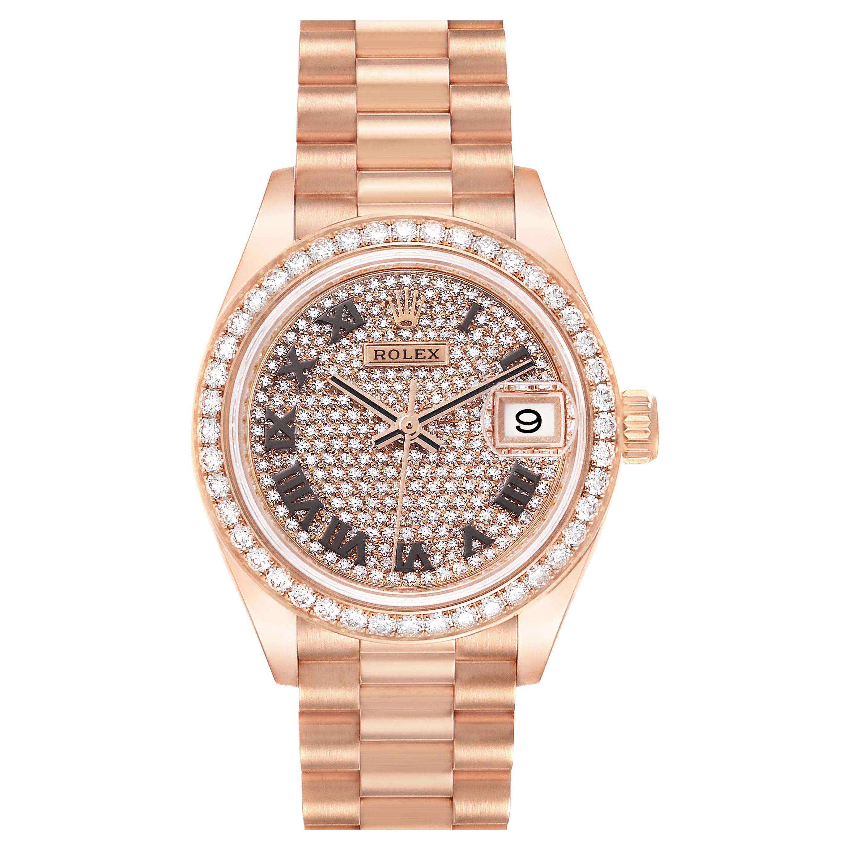 Rolex President 28 Rose Gold Pave Diamond Dial Ladies Watch 279135 For Sale