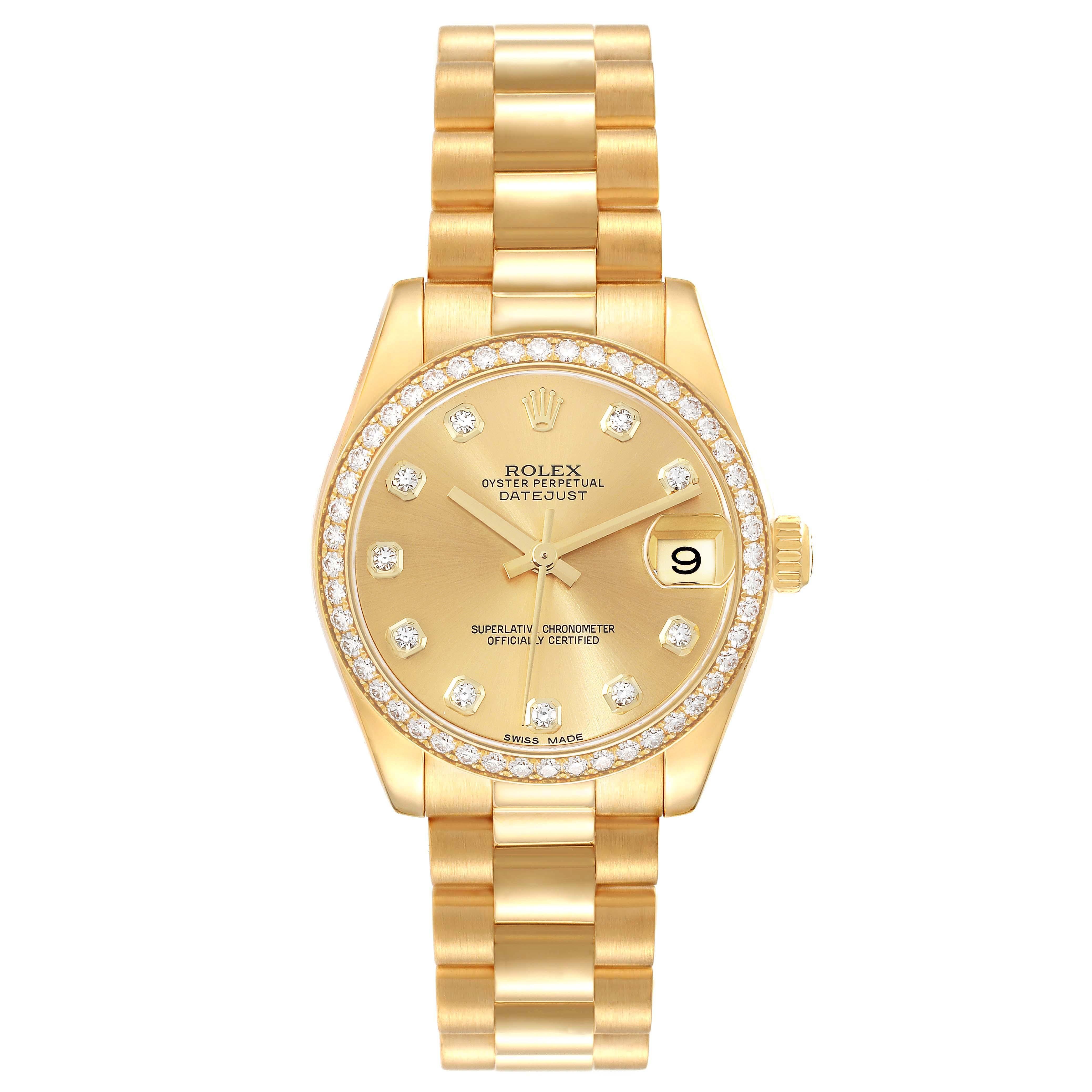 Rolex President 31 Midsize Yellow Gold Diamond Ladies Watch 178288 Box Card. Officially certified chronometer automatic self-winding movement. 18k yellow gold oyster case 31.0 mm in diameter. Rolex logo on a crown. Original Rolex factory diamond