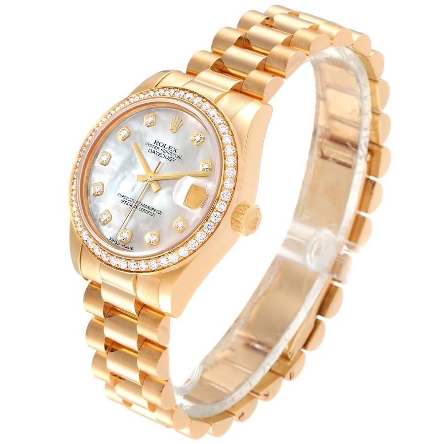 Rolex President 31 Midsize Yellow Gold Mop Diamond Watch 178288 Box Card In Excellent Condition For Sale In Atlanta, GA