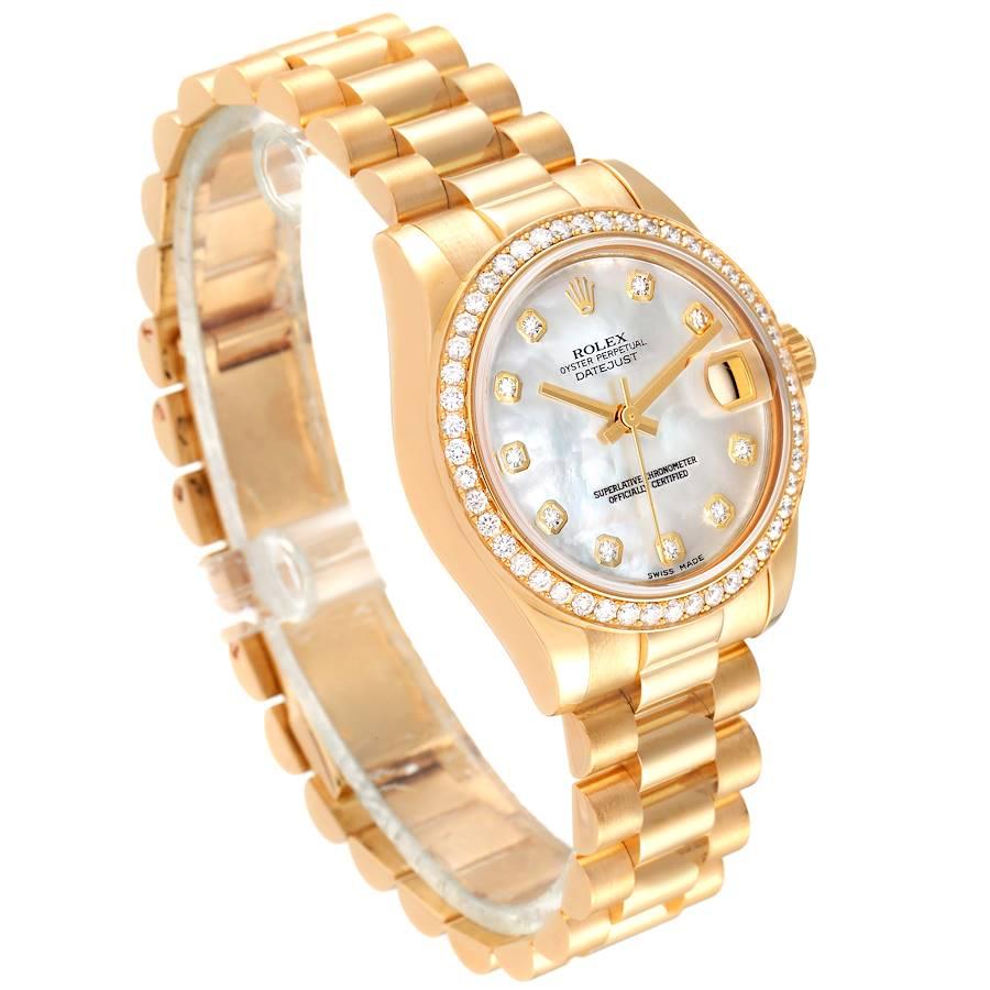 Women's Rolex President 31 Midsize Yellow Gold Mop Diamond Watch 178288 Box Card For Sale