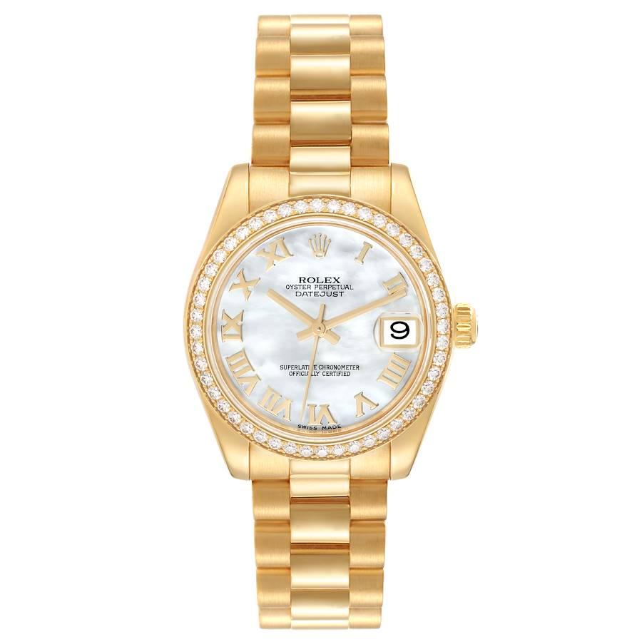 Rolex President 31 Midsize Yellow Gold Mother of Pearl Diamond Watch 178288 Box Card. Officially certified chronometer self-winding movement. 18k yellow gold oyster case 31.0 mm in diameter. Rolex logo on a crown. Original Rolex factory diamond