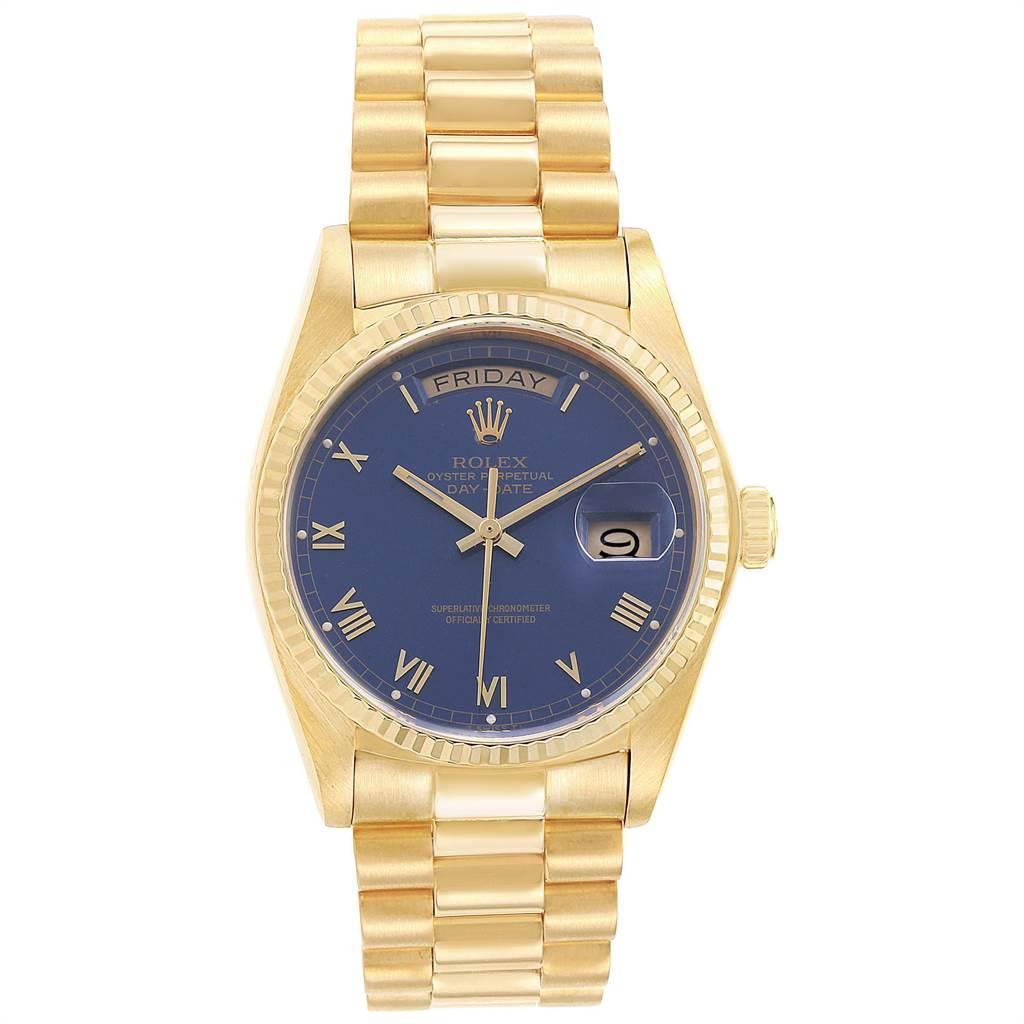 Rolex President 36 Day-Date Yellow Gold Blue Dial Men's Watch 18038 In Good Condition For Sale In Atlanta, GA