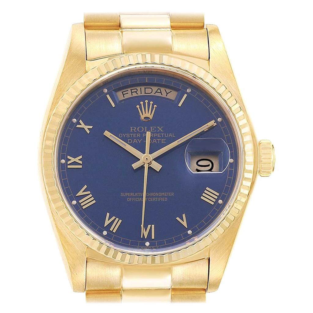 Rolex President 36 Day-Date Yellow Gold Blue Dial Men's Watch 18038 For Sale