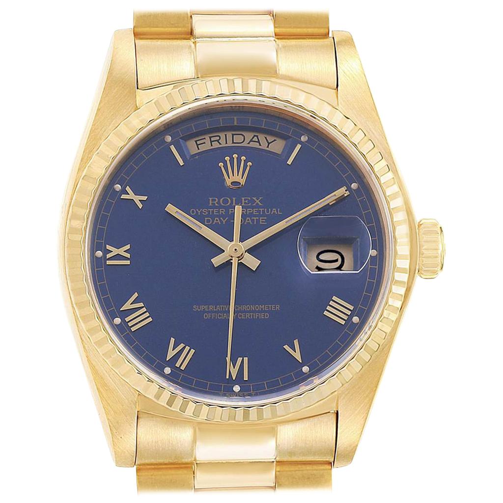 Rolex President 36 Day-Date Yellow Gold Blue Dial Men's Watch 18038 For Sale