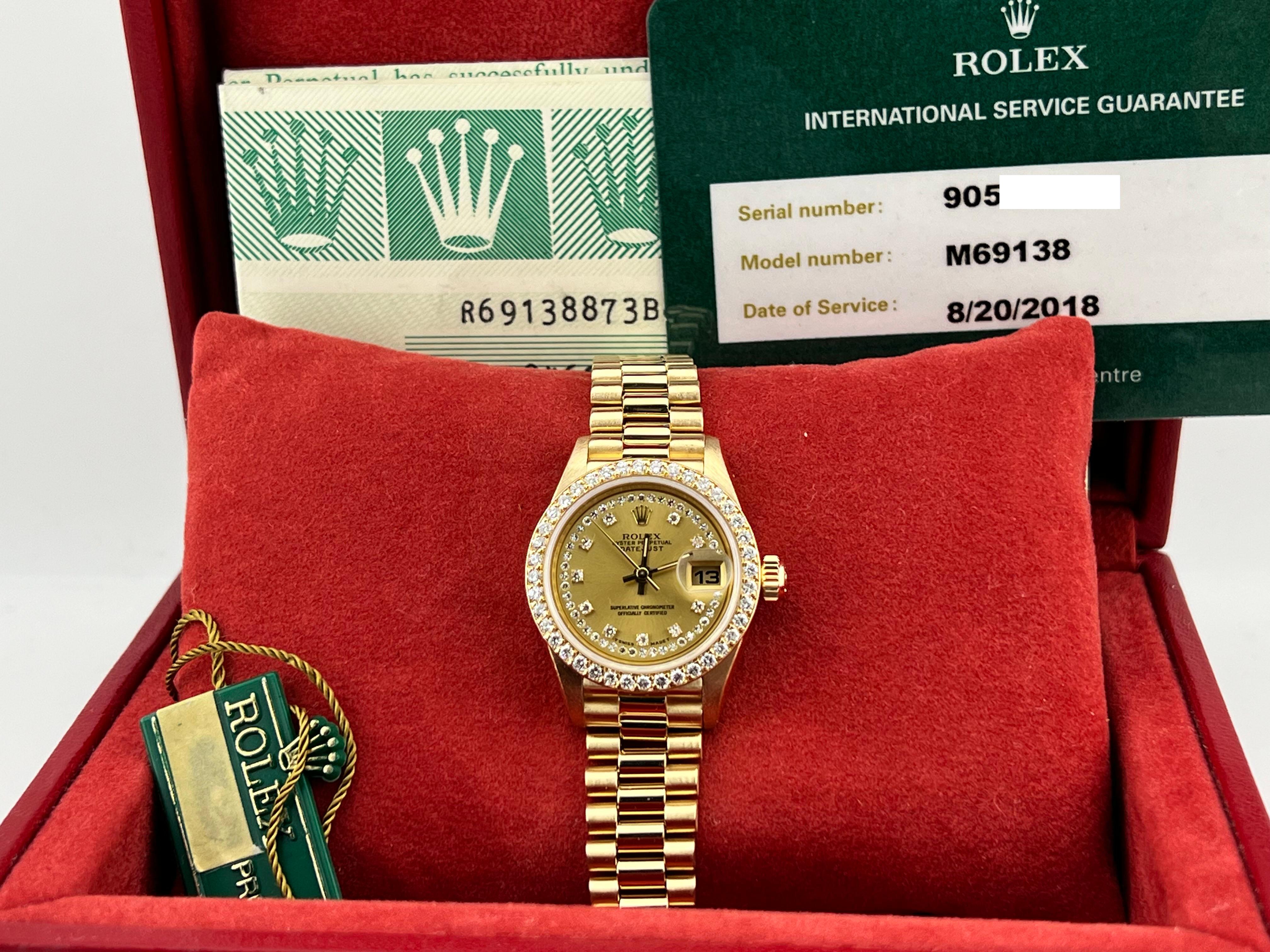 Rolex President 69138 String Diamond Dial Diamond Bezel 18K Gold Box Paper In Excellent Condition In San Diego, CA