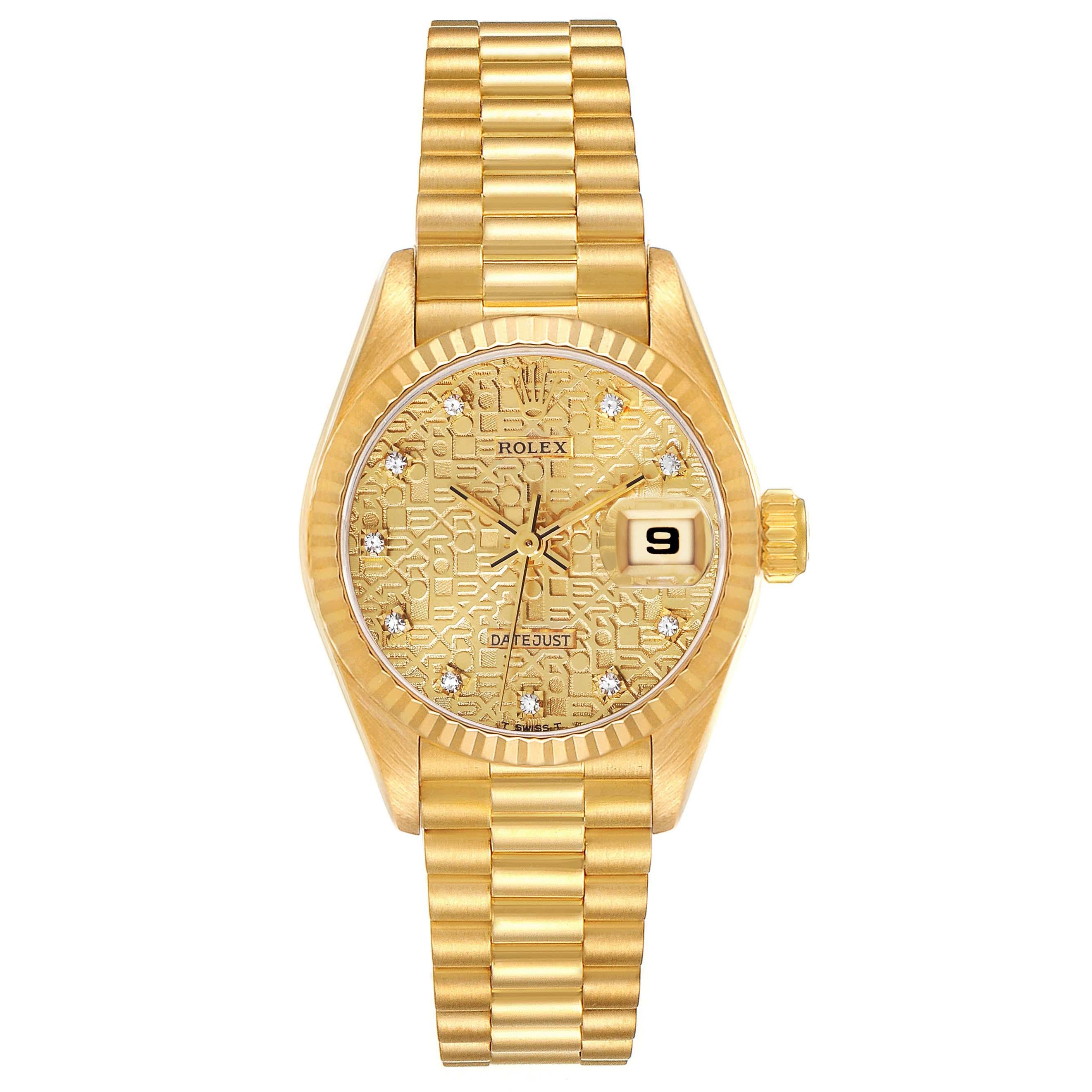 Rolex President Anniversary Diamond Dial Yellow Gold Ladies Watch 69178 Papers. Officially certified chronometer automatic self-winding movement. 18k yellow gold oyster case 26.0 mm in diameter. Rolex logo on the crown. 18k yellow gold fluted bezel.