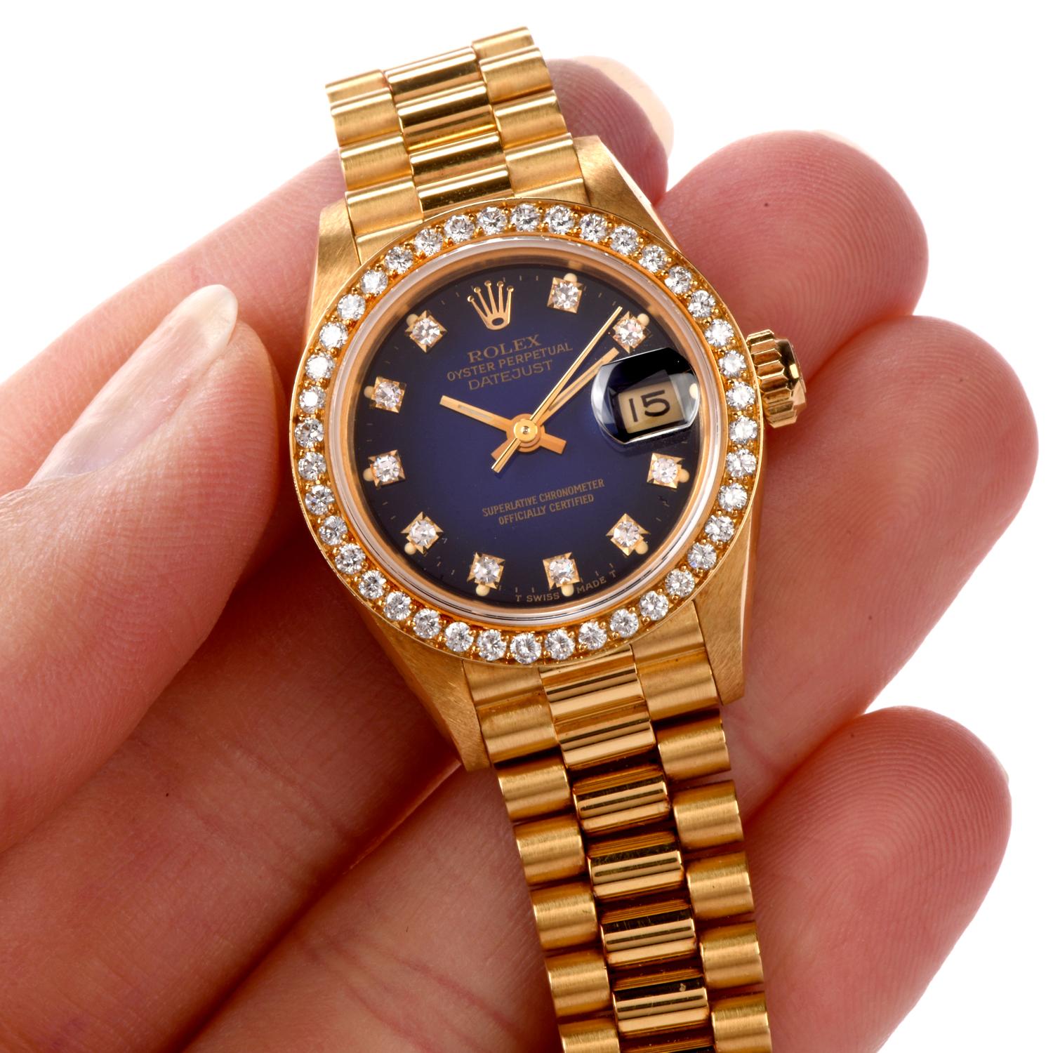 Moderne Rolex President Blue Vignette Diamond Dial & Bezel Montre pour femmes Réf. 69138 en vente