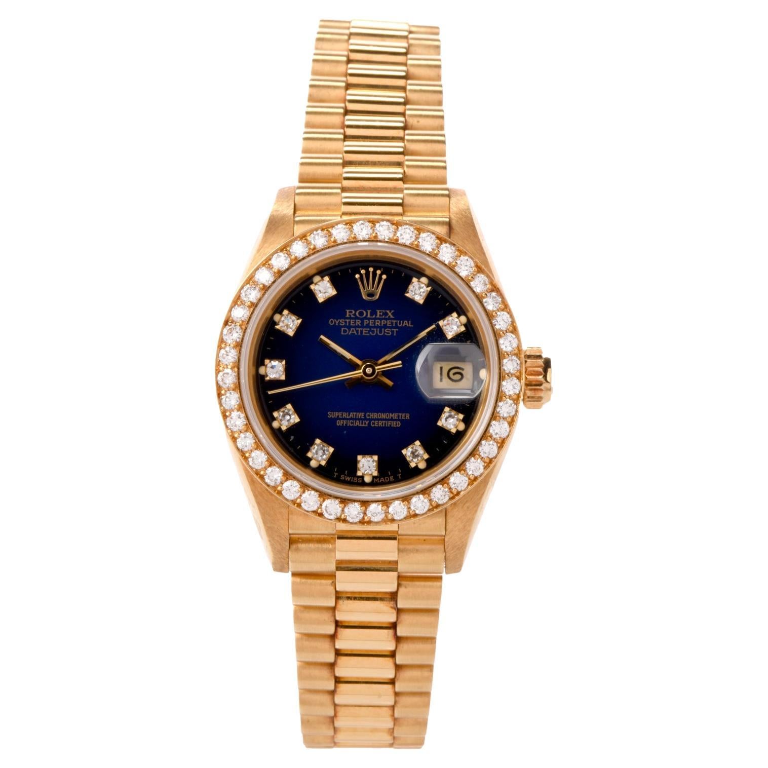 Rolex President Blue Vignette Diamond Dial & Bezel Ladies Watch Ref 69138 For Sale
