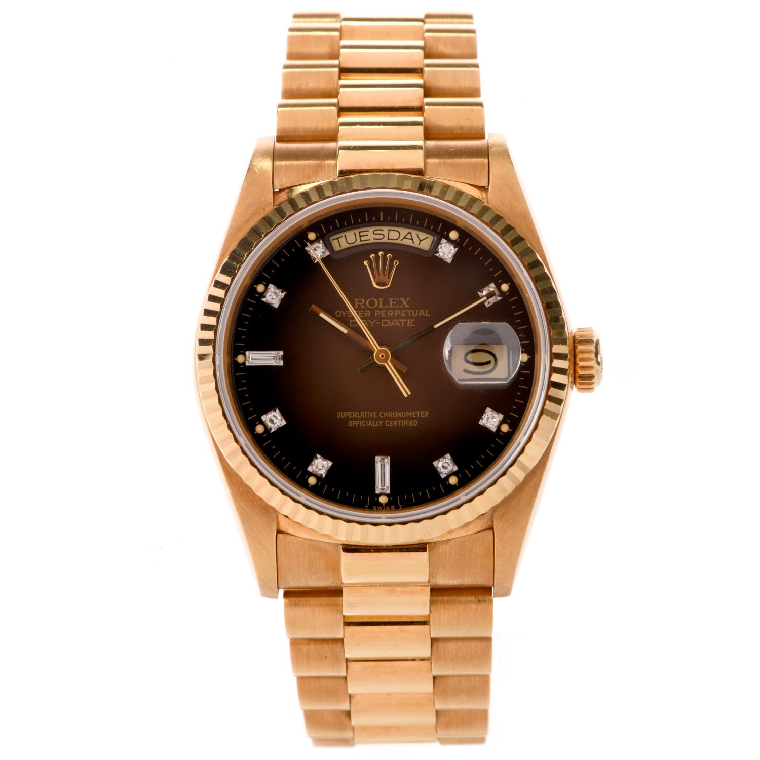 Handsome, hardly ever worn Gentlemen’s Rolex President Day Date watch, Ref 18038 dated late 1986.It is crafted in 18k yellow gold. Featuring All Original scratch resistant Sapphire Crystal, 
rare specialty brown with original factory Diamond Dial,