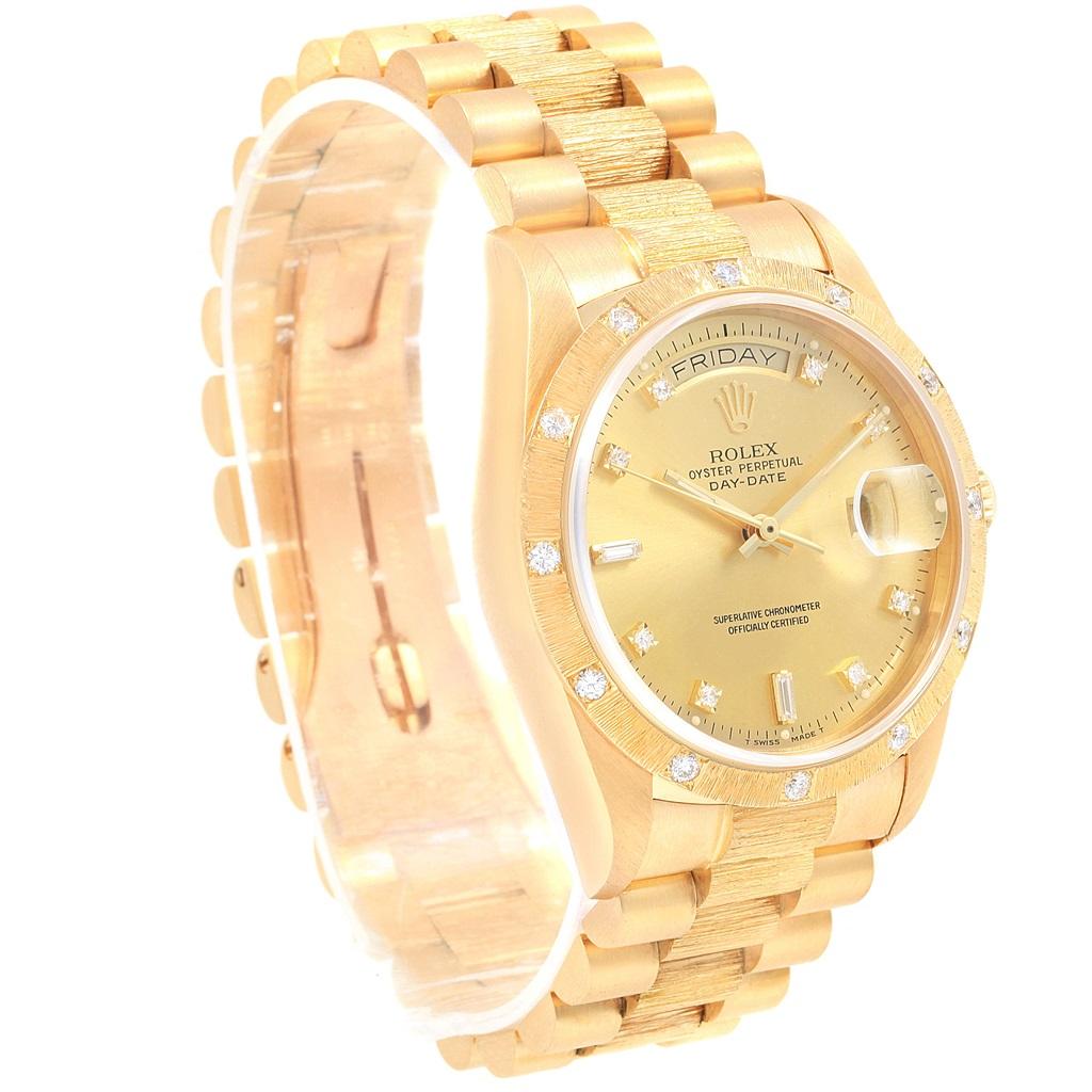 Rolex President Crown Collection 18K Yellow Gold Diamond Watch 18108. Officially certified chronometer self-winding movement with quickset date function. 18k yellow gold oyster case 36.0 mm in diameter. Rolex logo on a crown. 18k yellow gold bark