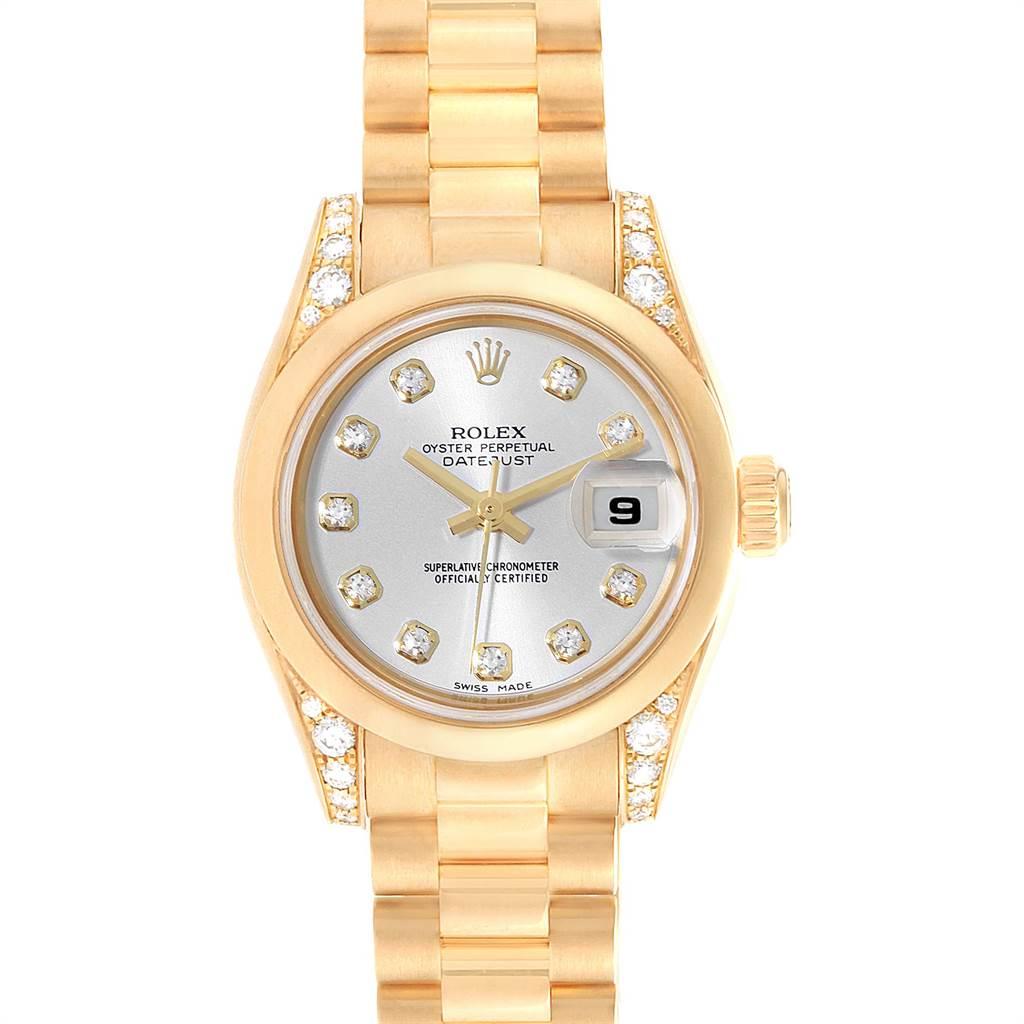 Rolex President Crown Collection 18K Yellow Gold Diamond Watch 179298. Officially certified chronometer self-winding movement. 18k yellow gold oyster case 26.0 mm in diameter. Rolex logo on a crown. Original Rolex factory diamond lugs. 18k yellow