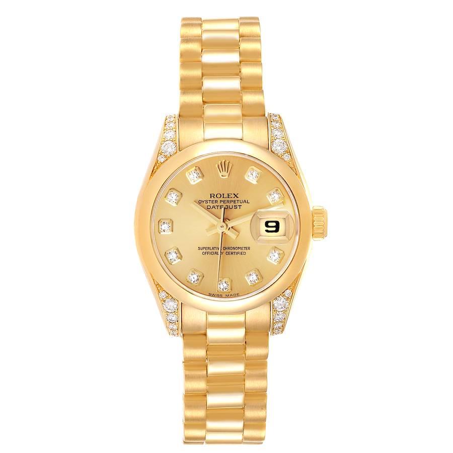 Rolex President Crown Collection 18K Gelbgold Diamant Uhr 179298. Offiziell zertifiziertes Chronometerwerk mit automatischem Aufzug. oyster-Gehäuse aus 18 Karat Gelbgold mit einem Durchmesser von 26,0 mm. Rolex-Logo auf einer Krone. Original Rolex