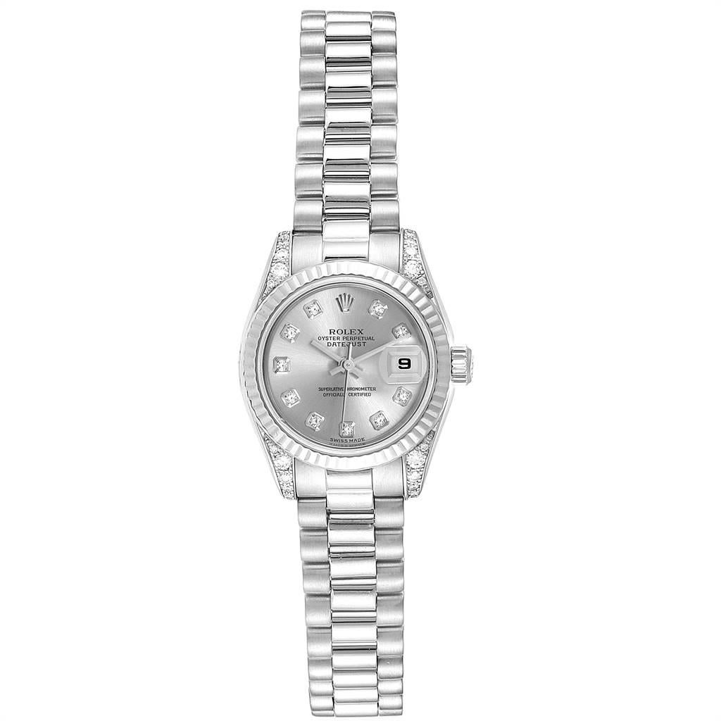 Rolex President Crown Collection White Gold Diamond Ladies Watch 179239. Officially certified chronometer automatic self-winding movement. 18k white gold oyster case 26.0 mm in diameter. Rolex logo on a crown. Original Rolex factory diamond lugs.