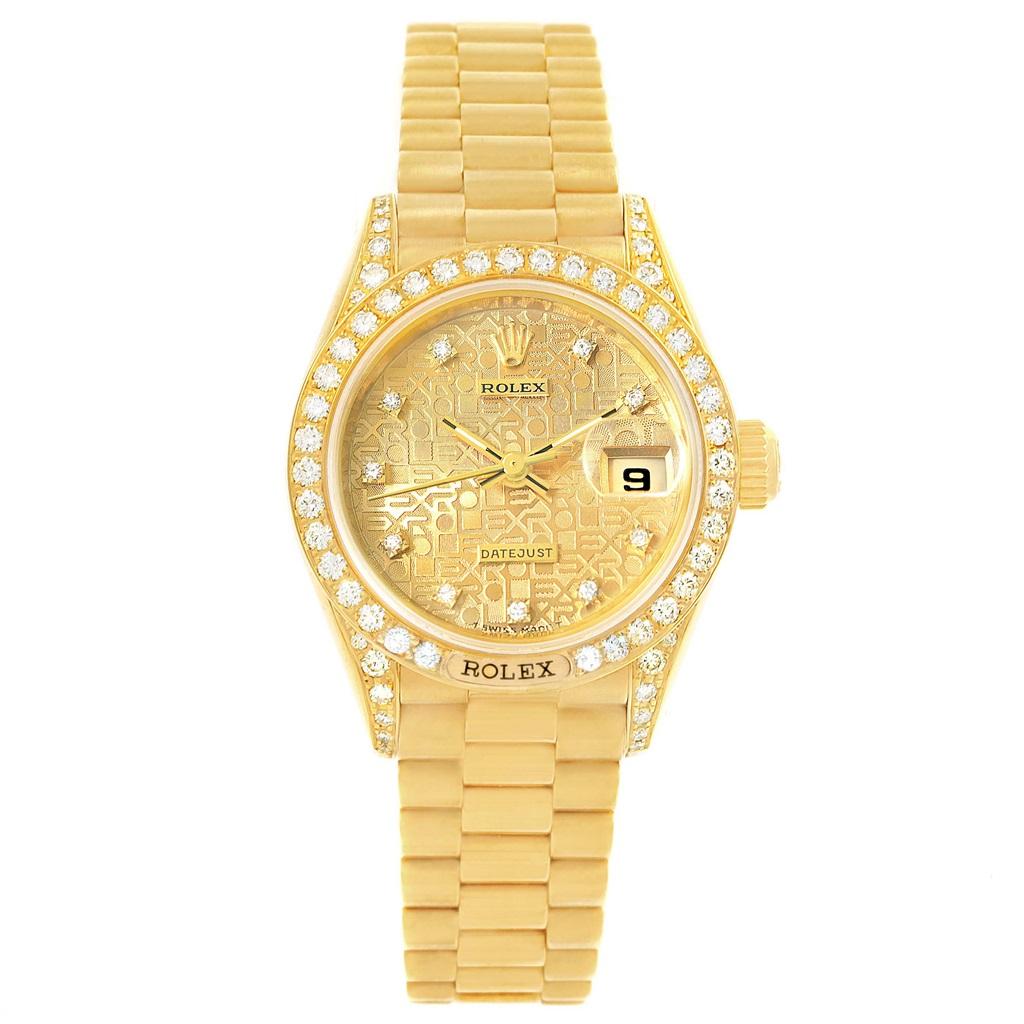Rolex President Crown Collection Yellow Gold Diamond Ladies Watch 69158. Officially certified chronometer automatic self-winding movement. 18k yellow gold oyster case 26.0 mm in diameter. Rolex logo on a crown. Original Rolex factory diamond lugs.