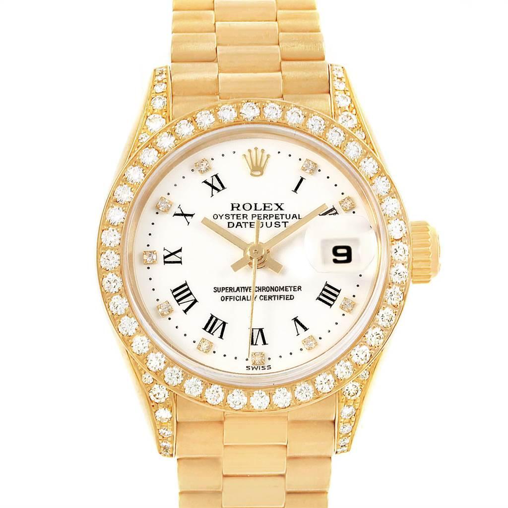 Rolex President Crown Collection Yellow Gold Diamond Ladies Watch 69158. Officially certified chronometer automatic self-winding movement. 18k yellow gold oyster case 26.0 mm in diameter. Rolex logo on a crown. Original Rolex factory diamond lugs.