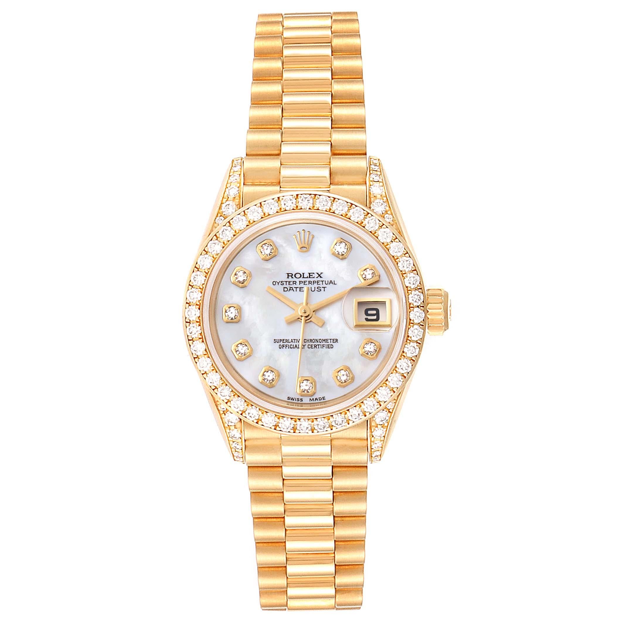 Rolex President Crown Collection Yellow Gold Diamond Ladies Watch 69158. Officially certified chronometer self-winding movement. 18k yellow gold oyster case 26.0 mm in diameter. Rolex logo on a crown. Original Rolex factory diamond lugs. Original