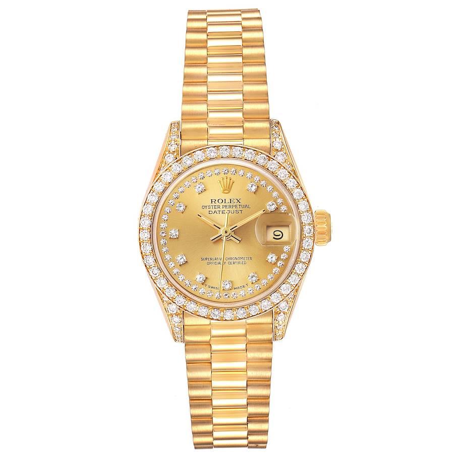 Rolex President Crown Collection Yellow Gold Diamond Ladies Watch 69158. Officially certified chronometer self-winding movement. 18k yellow gold oyster case 26.0 mm in diameter. Rolex logo on a crown. Original Rolex factory diamond lugs. Original