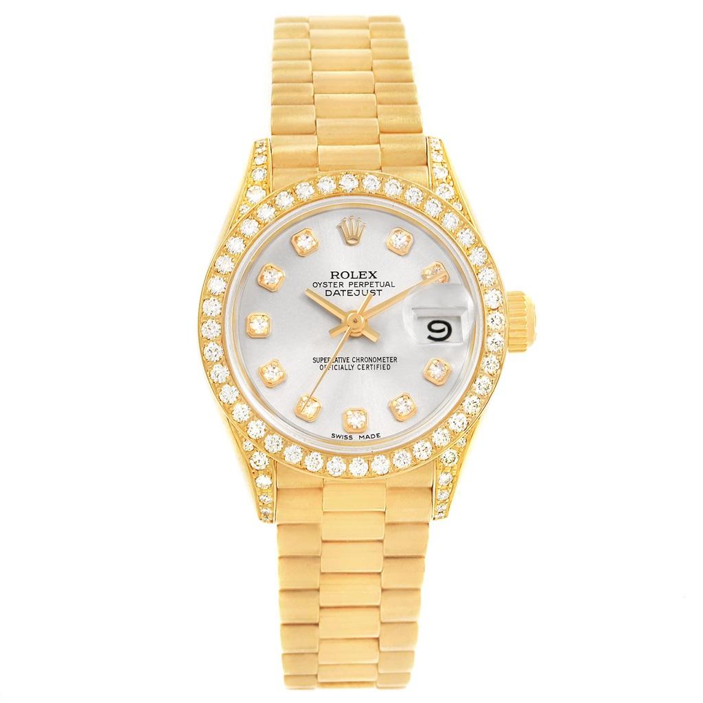Rolex President Crown Yellow Gold Silver Diamond Dial Ladies Watch 69158. Officially certified chronometer self-winding movement. 18k yellow gold oyster case 26.0 mm in diameter. Rolex logo on a crown. Original Rolex factory diamond lugs. Original