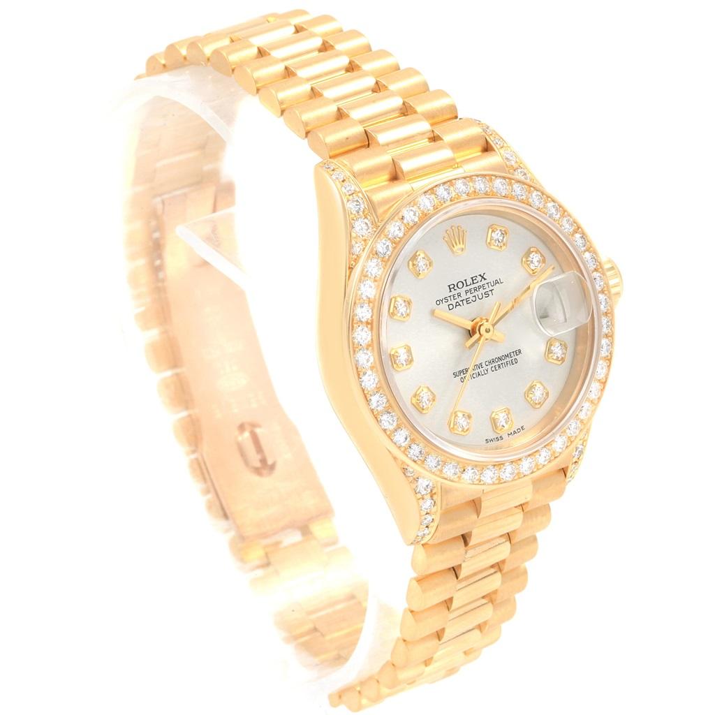 Rolex President Crown Yellow Gold Silver Diamond Dial Ladies Watch 69158 In Excellent Condition For Sale In Atlanta, GA