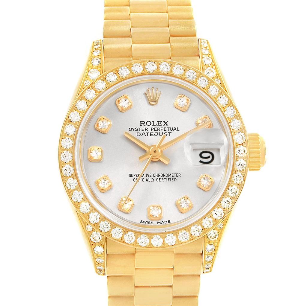 Rolex President Crown Yellow Gold Silver Diamond Dial Ladies Watch 69158 For Sale 1