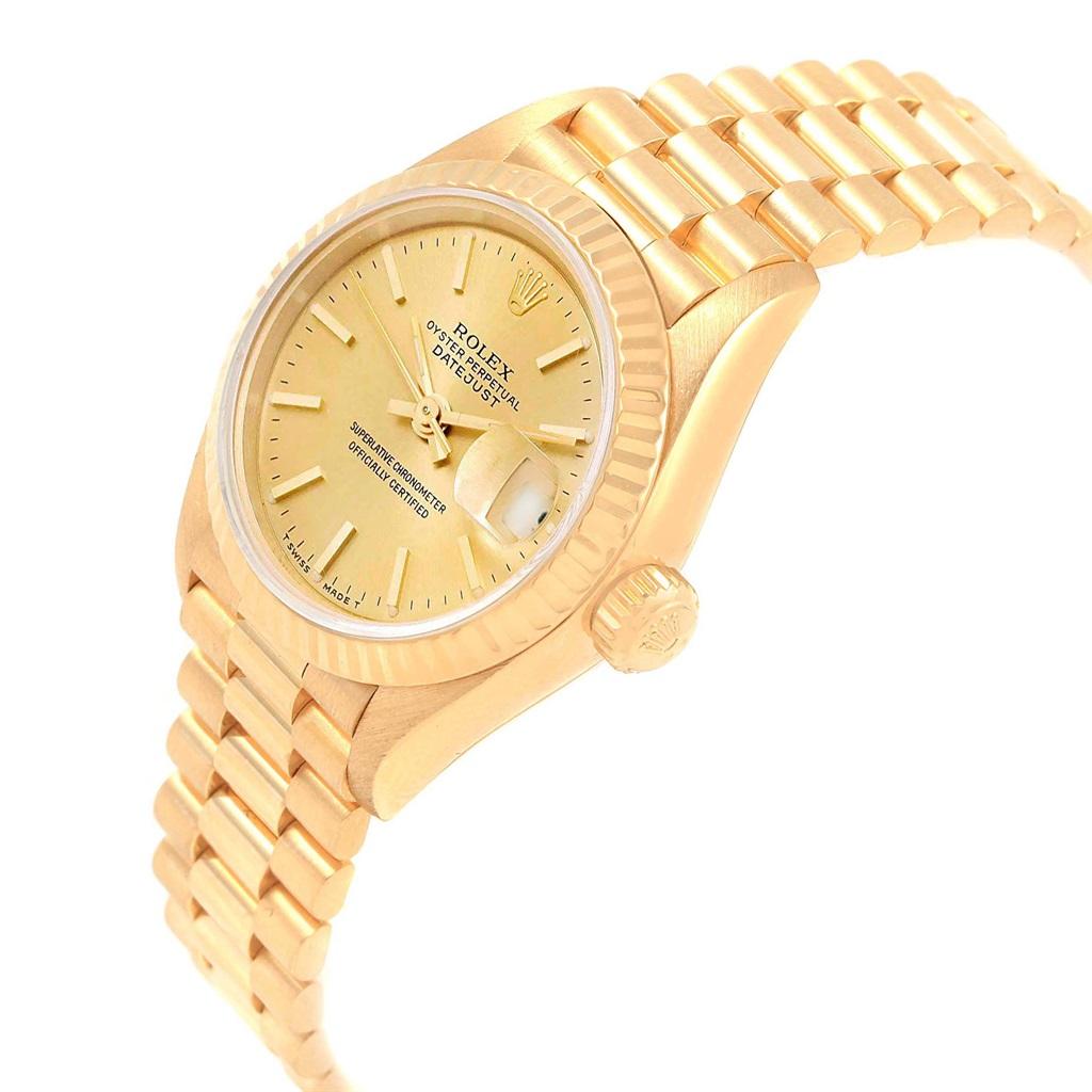 Rolex President Datejust 26mm 18k Yellow Gold Ladies Watch 79178. Officially certified chronometer automatic self-winding movement. 18k yellow gold oyster case 26 mm in diameter. Rolex logo on a crown. 18k yellow gold fluted bezel. Scratch resistant