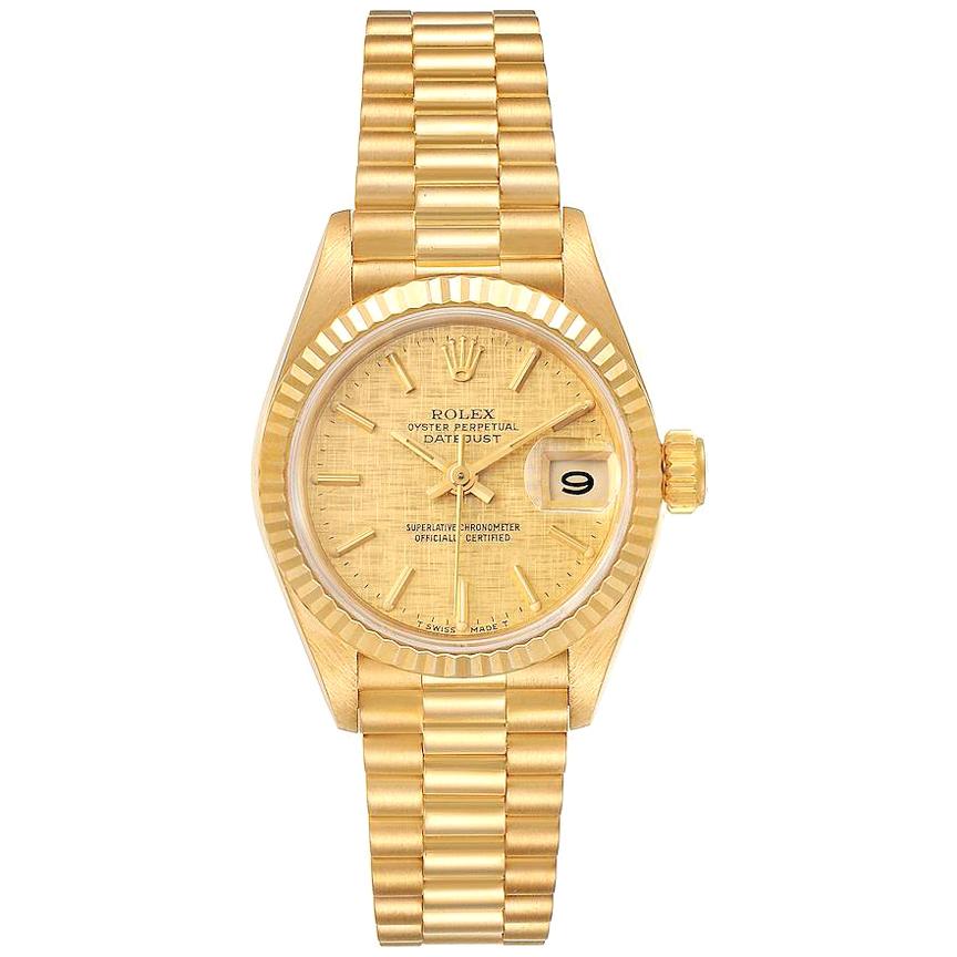 Rolex President Datejust 18 Karat Yellow Gold Linen Dial Watch 69178 Box Papers For Sale