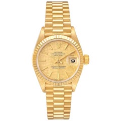 Rolex President Datejust 18 Karat Yellow Gold Linen Dial Watch 69178 Box Papers