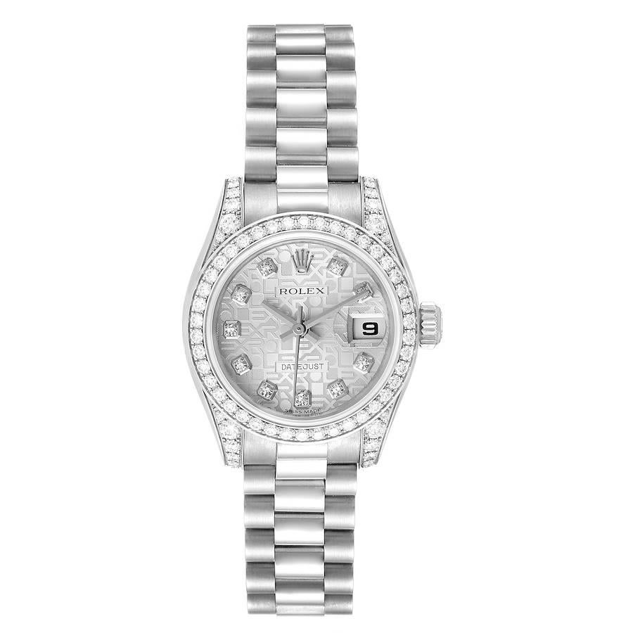 Rolex President Datejust 18k White Gold Diamond Ladies Watch 179159. Officially certified chronometer self-winding movement with quickset date function. 18k white gold oyster case 26.0 mm in diameter. Rolex logo on a crown. Original Rolex diamond