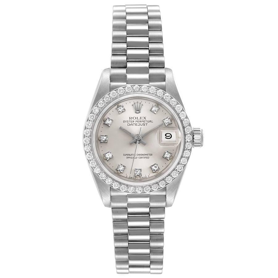 Rolex President Datejust 18k White Gold Diamond Ladies Watch 69139. Officially certified chronometer self-winding movement. 18k white gold oyster case 26.0 mm in diameter. Rolex logo on a crown. Original Rolex 18k white gold diamond bezel. Scratch