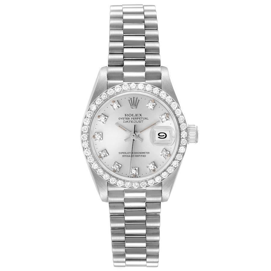 Rolex President Datejust 18k White Gold Diamond Ladies Watch 69139. Officially certified chronometer self-winding movement. 18k white gold oyster case 26.0 mm in diameter. Rolex logo on a crown. Original Rolex 18k white gold diamond bezel. Scratch