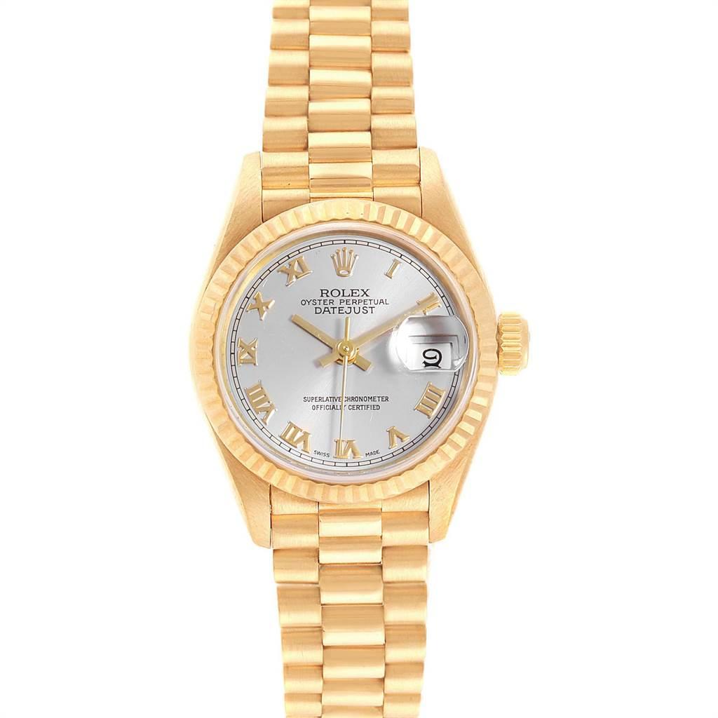 Rolex President Datejust 18K Yellow Gold 26mm Ladies Watch 69178. Officially certified chronometer self-winding movement. 18k yellow gold oyster case 26.0 mm in diameter. Rolex logo on a crown. 18k yellow gold fluted bezel. Scratch resistant