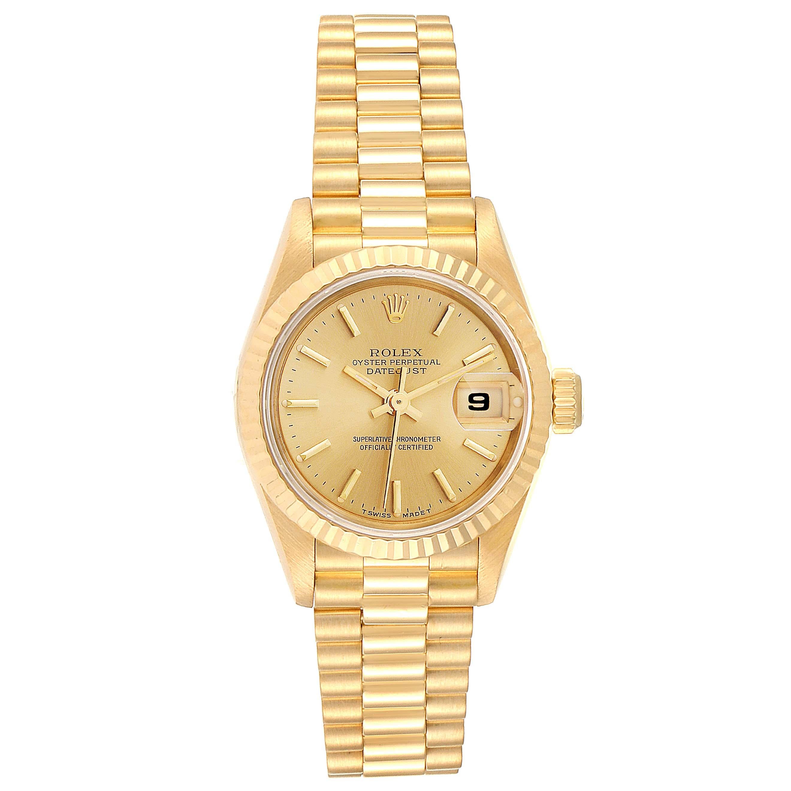 Rolex President Datejust 18K Yellow Gold 26mm Ladies Watch 69178. Officially certified chronometer self-winding movement. 18k yellow gold oyster case 26.0 mm in diameter. Rolex logo on a crown. 18k yellow gold fluted bezel. Scratch resistant