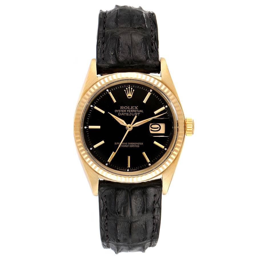 Rolex President Datejust 18k Yellow Gold Black Dial Vintage Mens Watch 1601. Officially certified chronometer self-winding movement. 18k yellow gold oyster case 36.0 mm in diameter. Rolex logo on a crown. 18k yellow gold fluted bezel. Acrylic