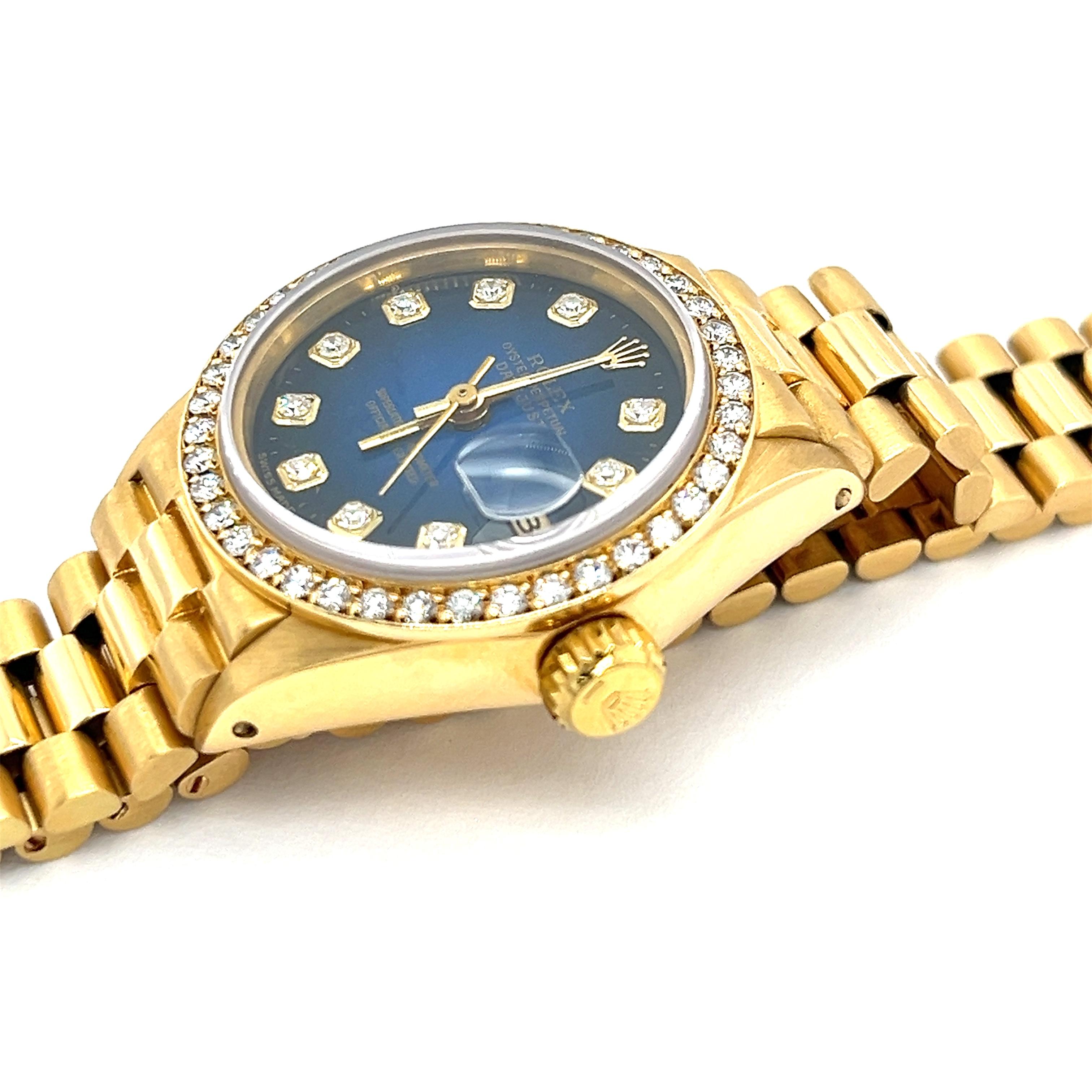 Rolex President Datejust 18K Yellow Gold Blue Diamond Dial Diamond Bezel 26mm In Excellent Condition In Delray Beach, FL