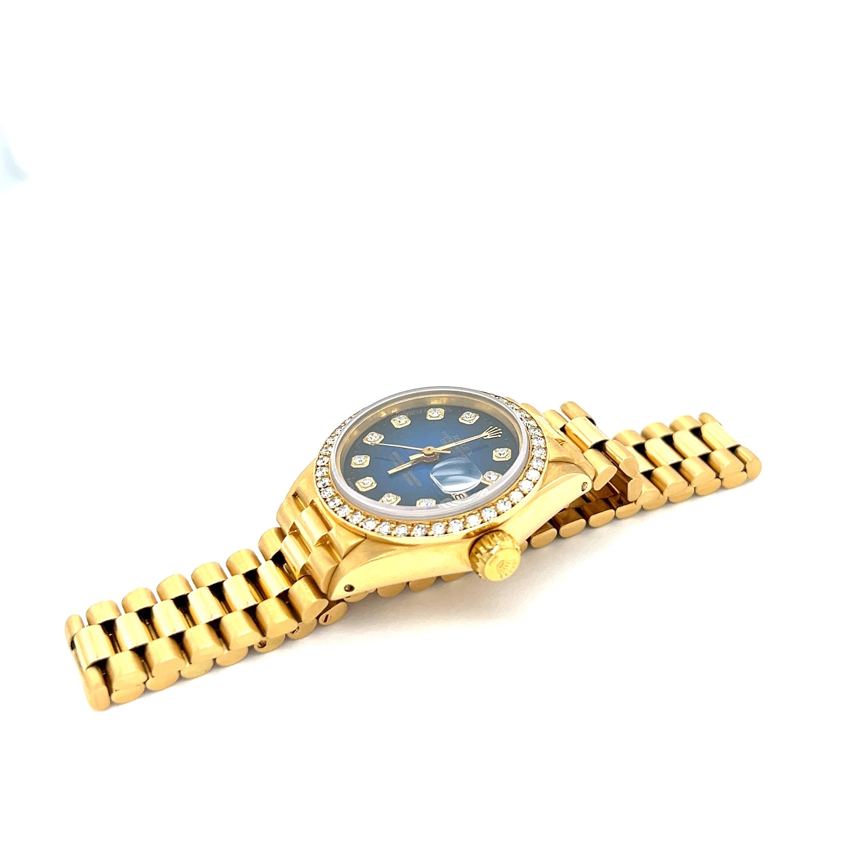 Women's or Men's Rolex President Datejust 18K Yellow Gold Blue Diamond Dial Diamond Bezel 26mm