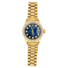 Rolex President Datejust 18K Yellow Gold Blue Diamond Dial Diamond Bezel 26mm